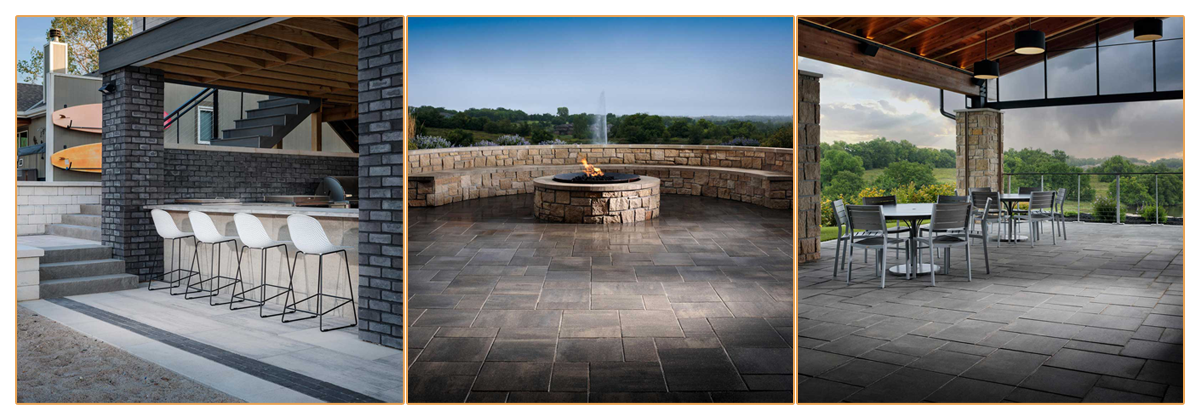 Outdoor dining area designed with Belgard's Modular Artforms. Melville slab used to create an upscale outdoor seating area around a firepit. Outdoor dining designed with Belgard's Melville slab.
