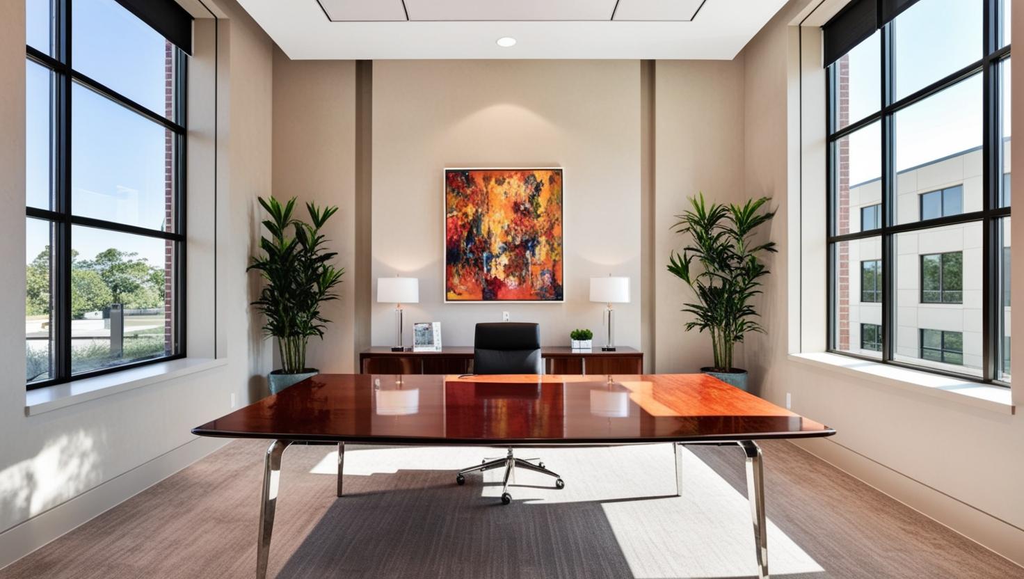 A meticulously designed and inviting executive office space, showcasing premium finishes and ample natural light, a well-planned commercial renovation.