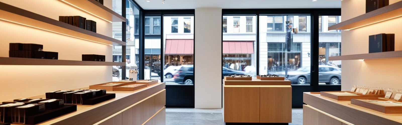 A modern, renovated retail interior with wooden display shelves, seen from inside looking out through large windows onto a city street.