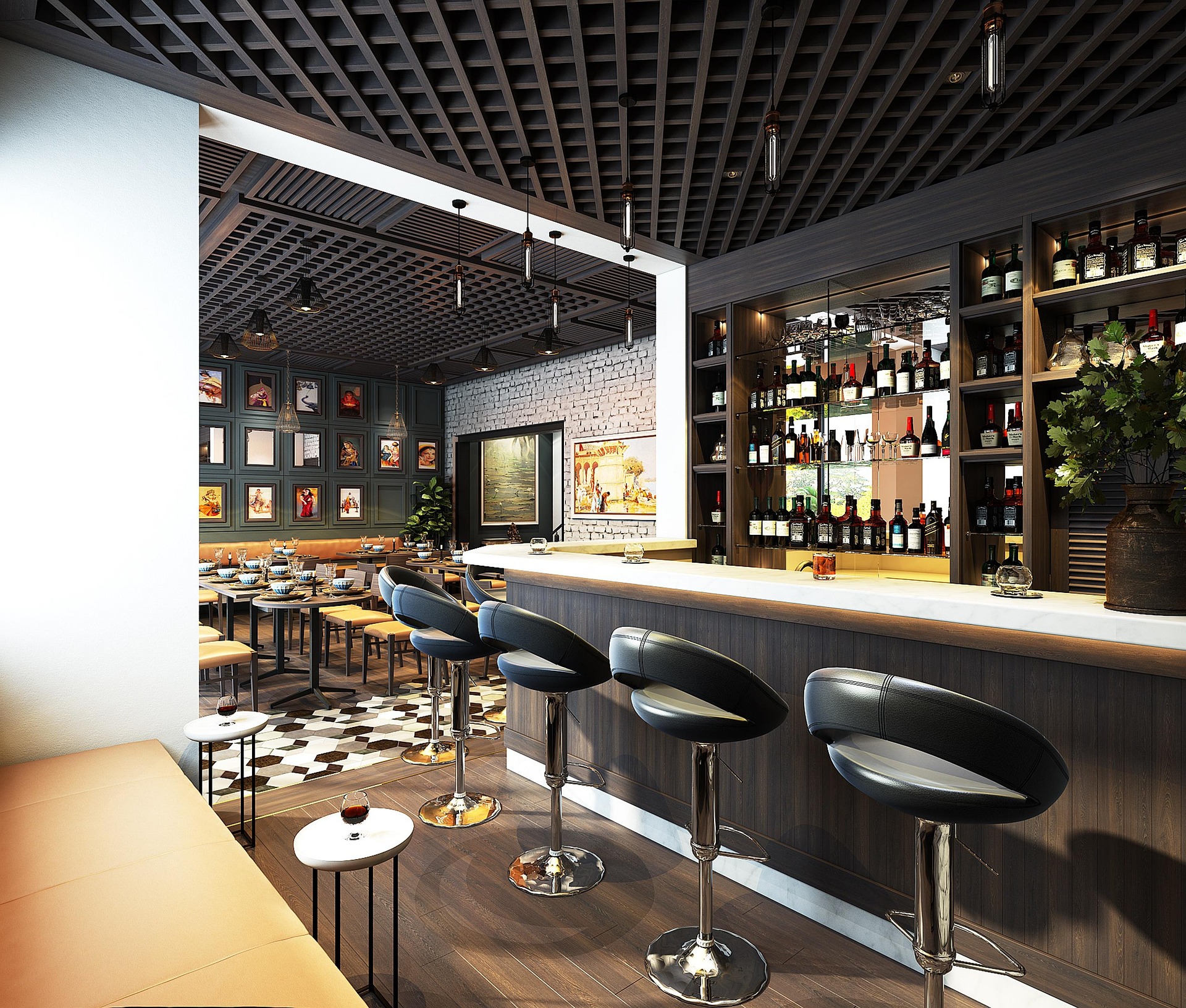 Repurposed commercial space now functioning as a modern bar and restaurant.