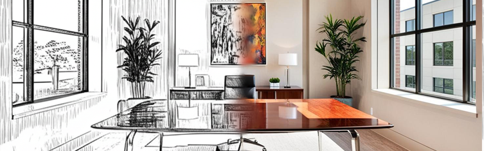 An office split between a black and white sketch on the left and a full-color photograph on the right, showing a design-build from concept to completion.