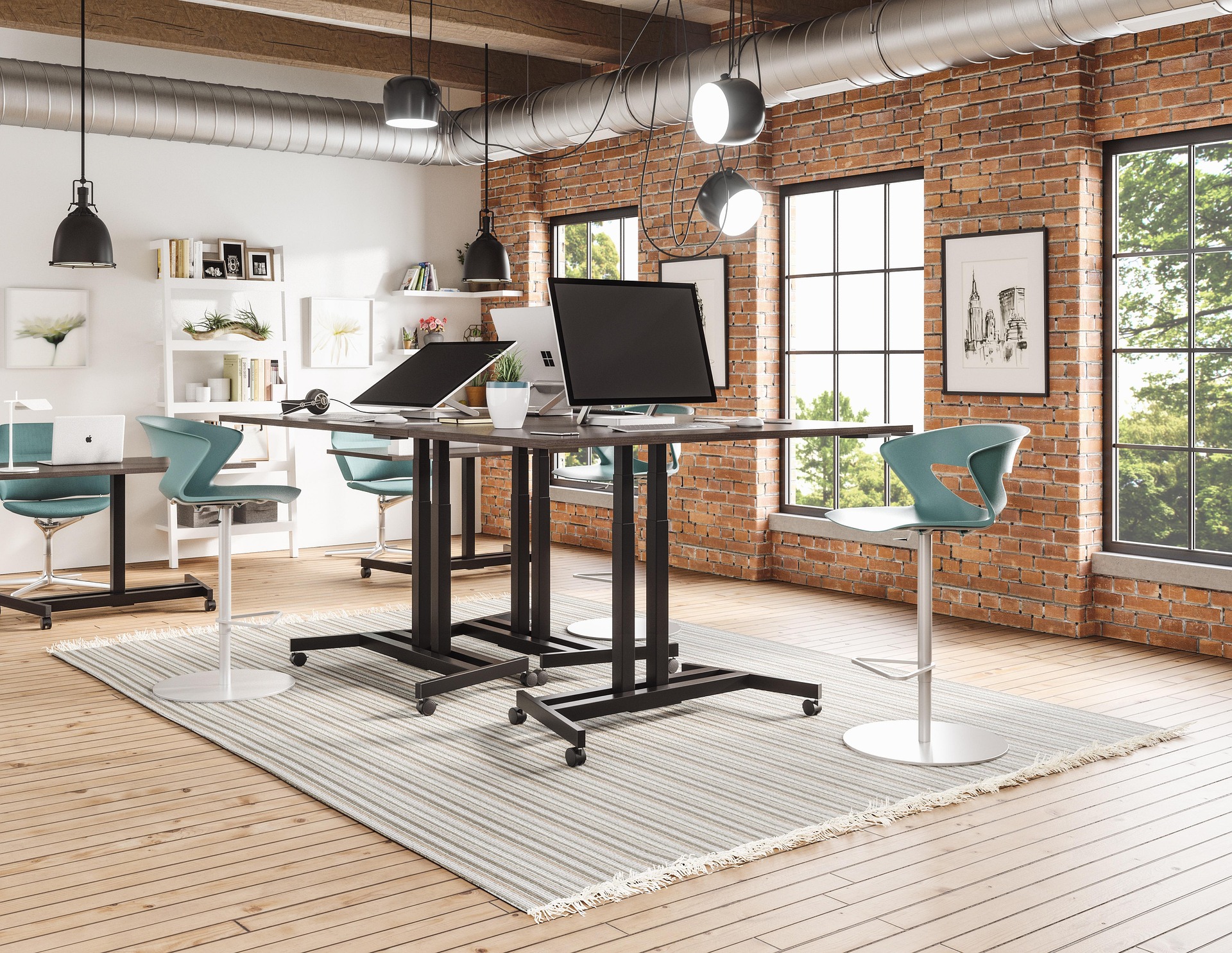 A blend of modern and historic features create a functional and stylish office design. Both standing and seated desks offer multiple options for workers.