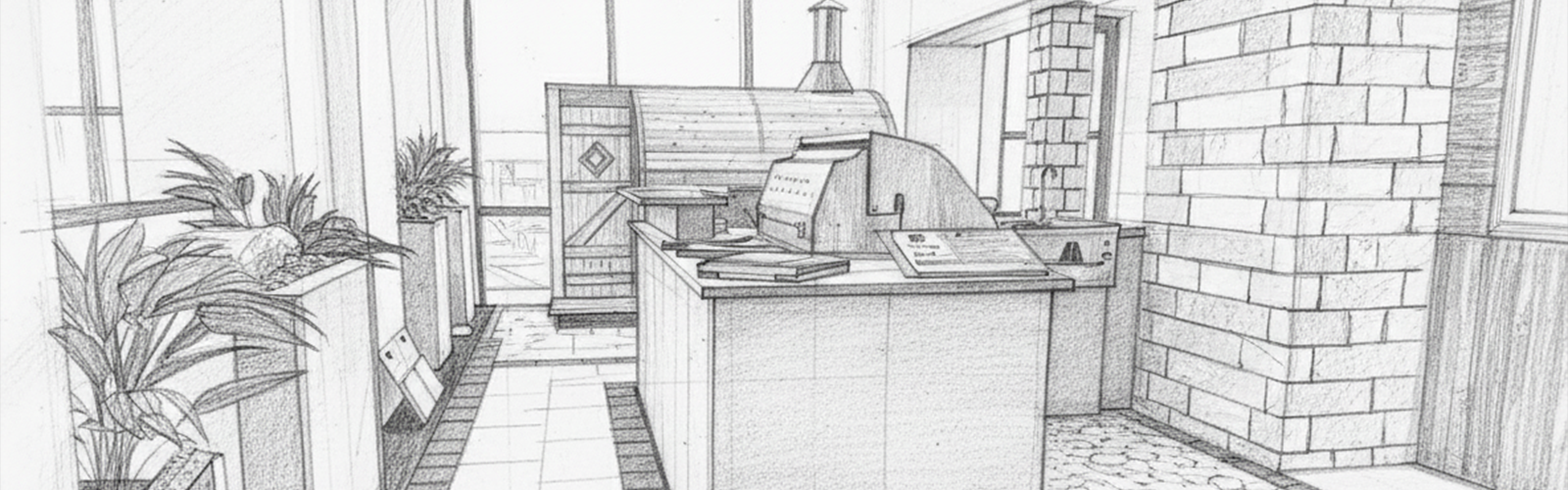 A sketched out version of the Design Pro Outdoor Living Showroom at the IMS Design Center, showcasing the first step into the suite.